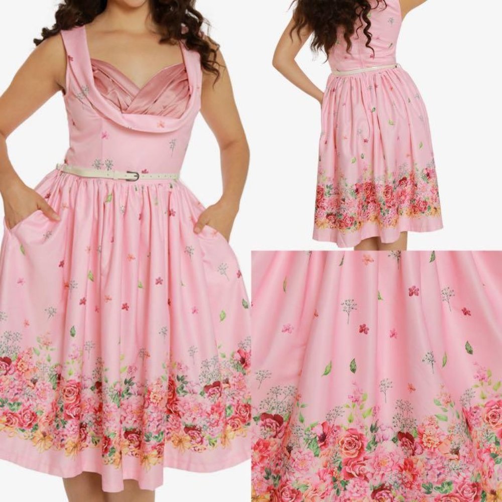 Lindy Bop Ophelia Swing Dress Pink Floral Border US sz 4, UK sz 8, XS pinup